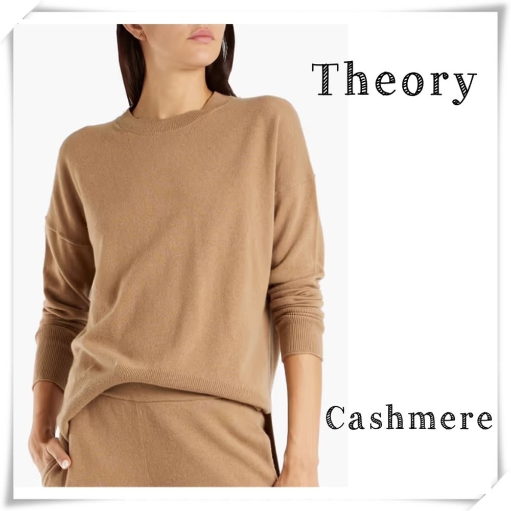THEORY Karenia Cashmere Crew Neck Sweater in Soft Camel Beige Size S